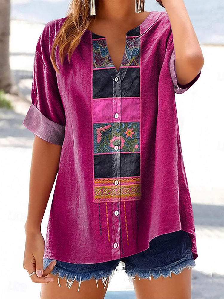 Women's Bohemian Floral Art Print Casual Cotton And Linen Shirt