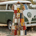 Countryside Style Collection Classy Patchwork Sunflower And Floral Pattern Art Linen Maxi Dress