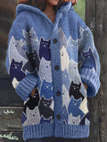 Crowded Cats Denim Patchwork Art Cozy Knit Hooded Cardigan elevenforest