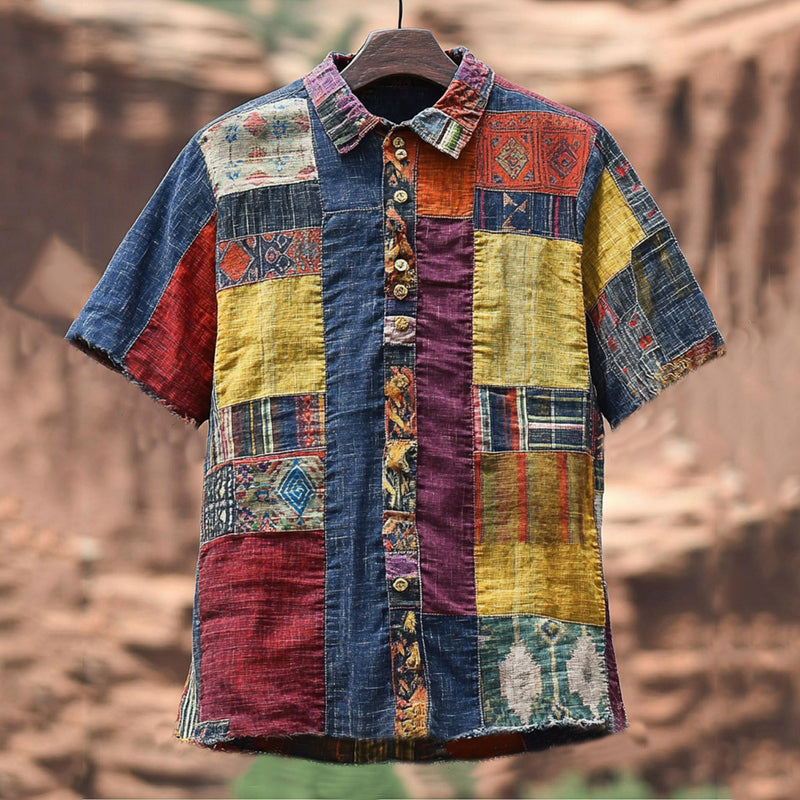 Men's Vintage Spliced ​​contrasting Linen Shirt artswardrobe