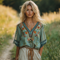 Vintage Distressed Viking Tree Of Life Linen V-neck Dress artswardrobe