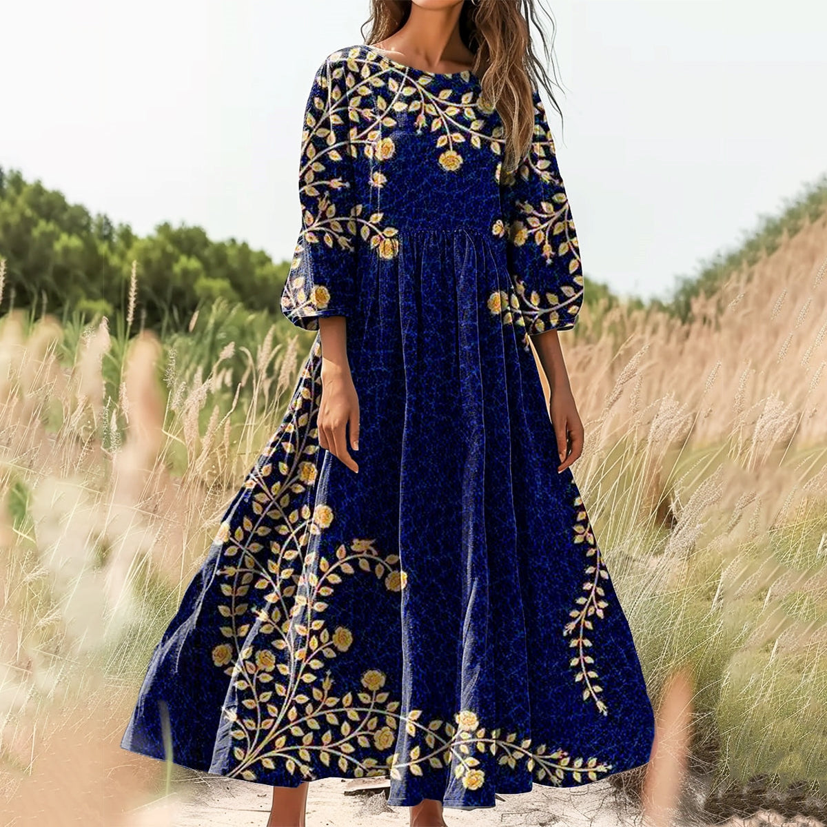 Women's Floral Art Print Cotton Crew Neck Dress