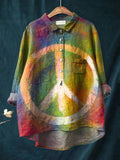 Women's Rainbow Colored Peace Sign Print Casual Cotton And Linen Shirt