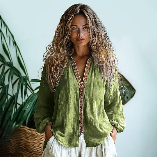 Bohemian Style Linen Print  Long Sleeve Shirt artswardrobe