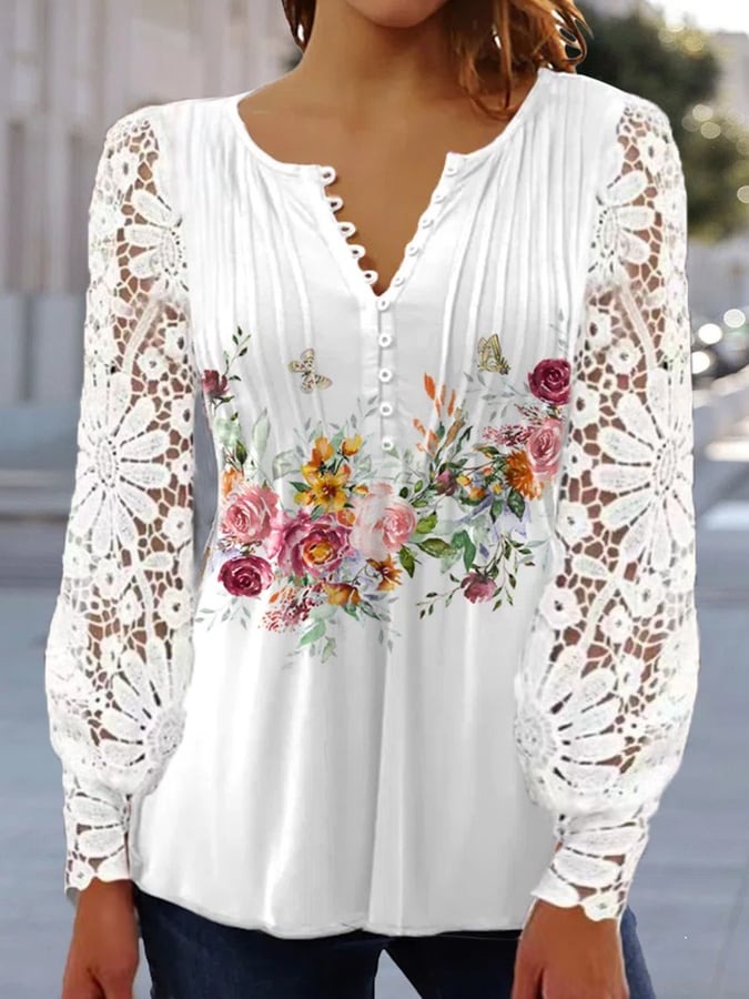 Women's Floral Print V-Neck Casual Shirt