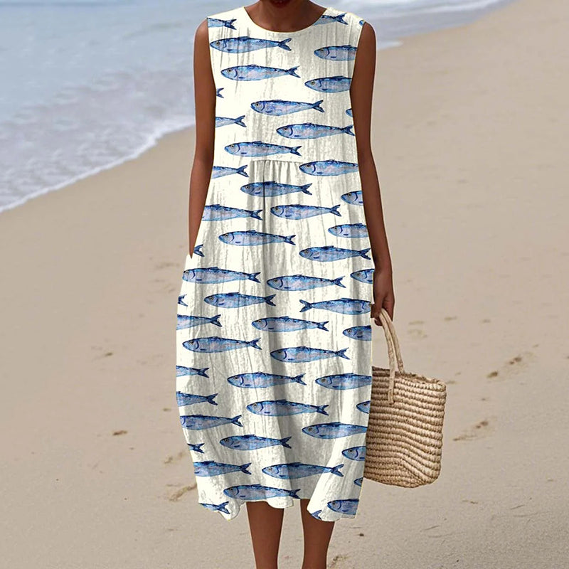 Comstylish Women's Cute Fish Art Print Art Linen Tank Dress
