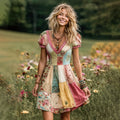 Women's Vintage Floral Patch Art Linen Comfy Midi Dress artswardrobe