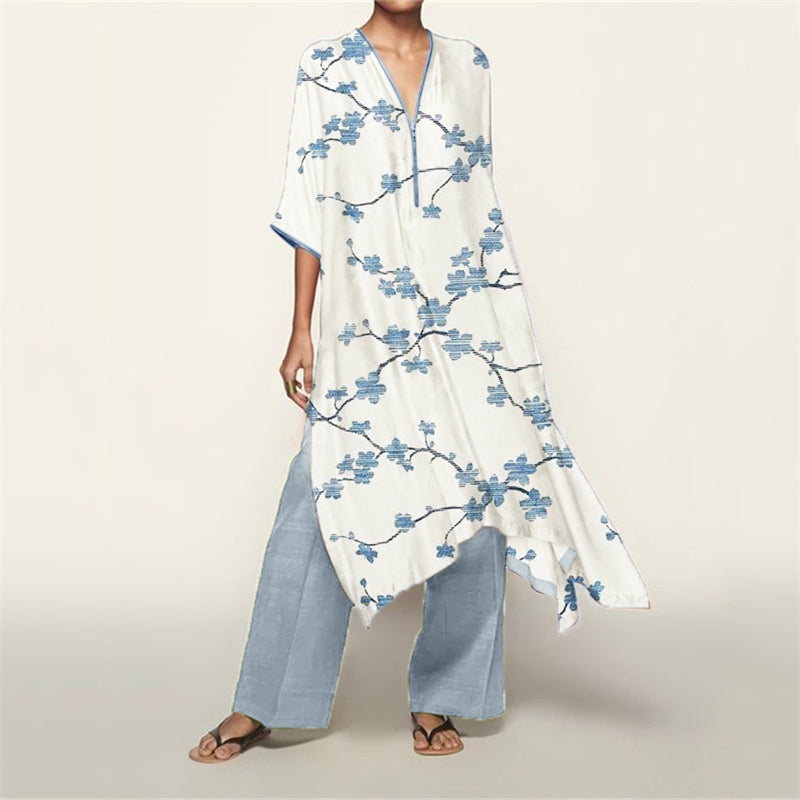 Comstylish Japanese Cherry Blossom Lino Flowy Kaftan & Pants Set