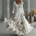 Women's Vintage Boho Floral Art Linen Flowy Maxi Dress elevenforest
