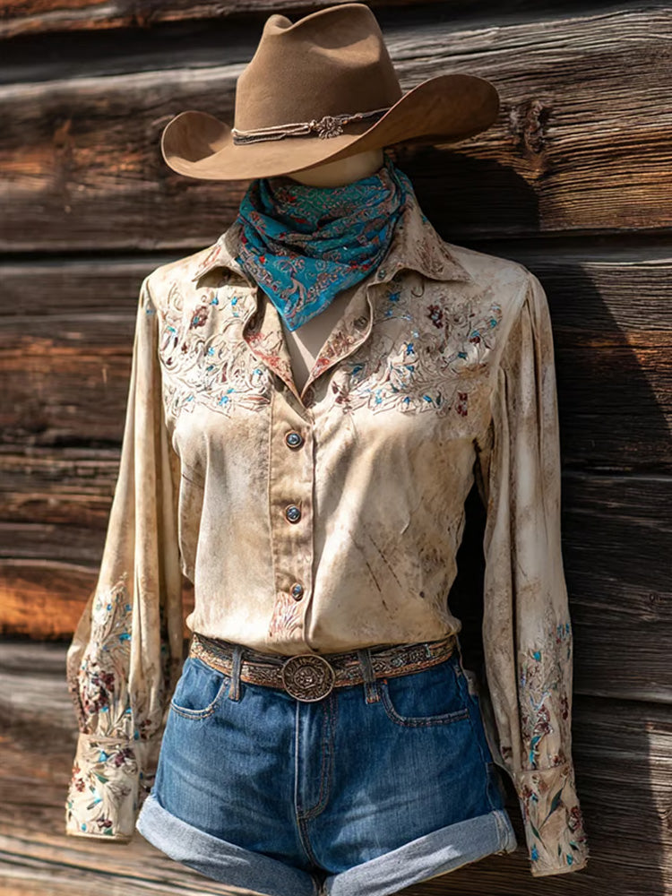 Comstylish Women's Vintage Western Horse Design Cotton And Linen Blend Shirt