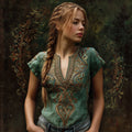 Viking Embroidery Vintage V-neck Short-sleeved Shirt artswardrobe