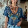 Bohemian Ethnic Floral Linen Art Print Short Sleeve V-neck Shirt artswardrobe