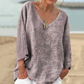 Vintage Floral V-neck Loose Linen Blend T-shirt artswardrobe