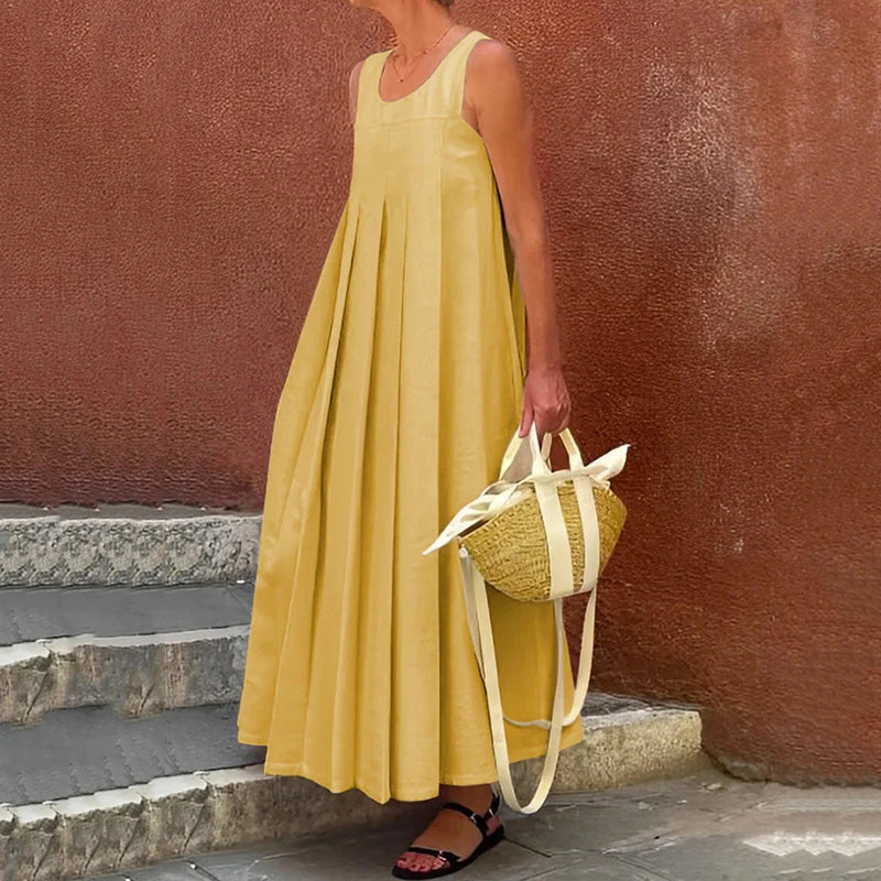 Women's Simple Wrinkled Solid Cotton And Linen Sleeveless Loose Long Dress artswardrobe