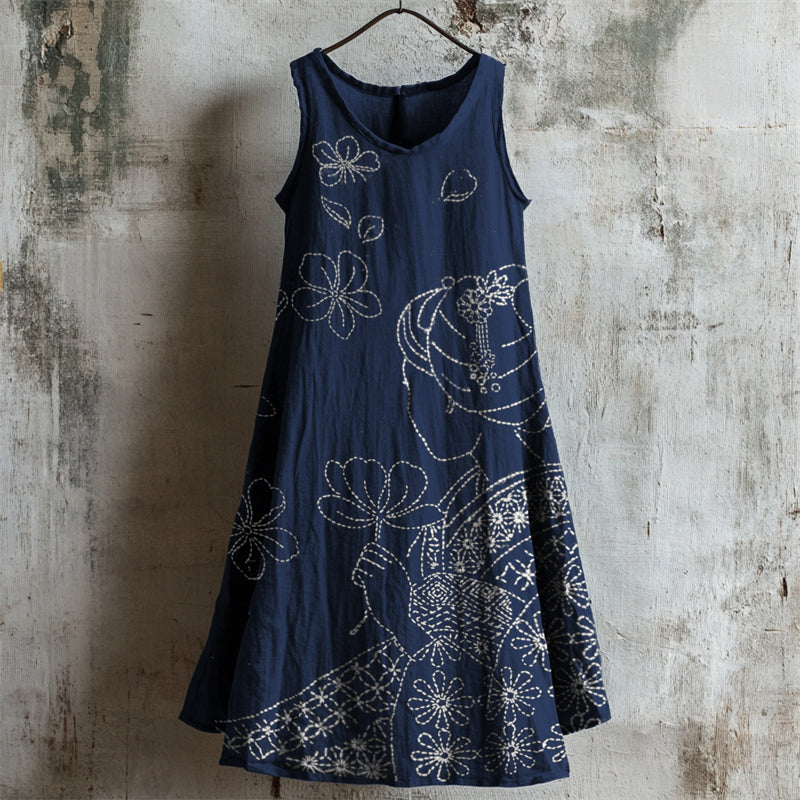 Comstylish Japanese Women & Falling Cherry Blossom Sashiko Linen Dress