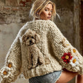 Comstylish Classic Fluffy Cute Dogs With Floral Felt Art Inspired Embroidered Cozy Knit Sweater Cardigan