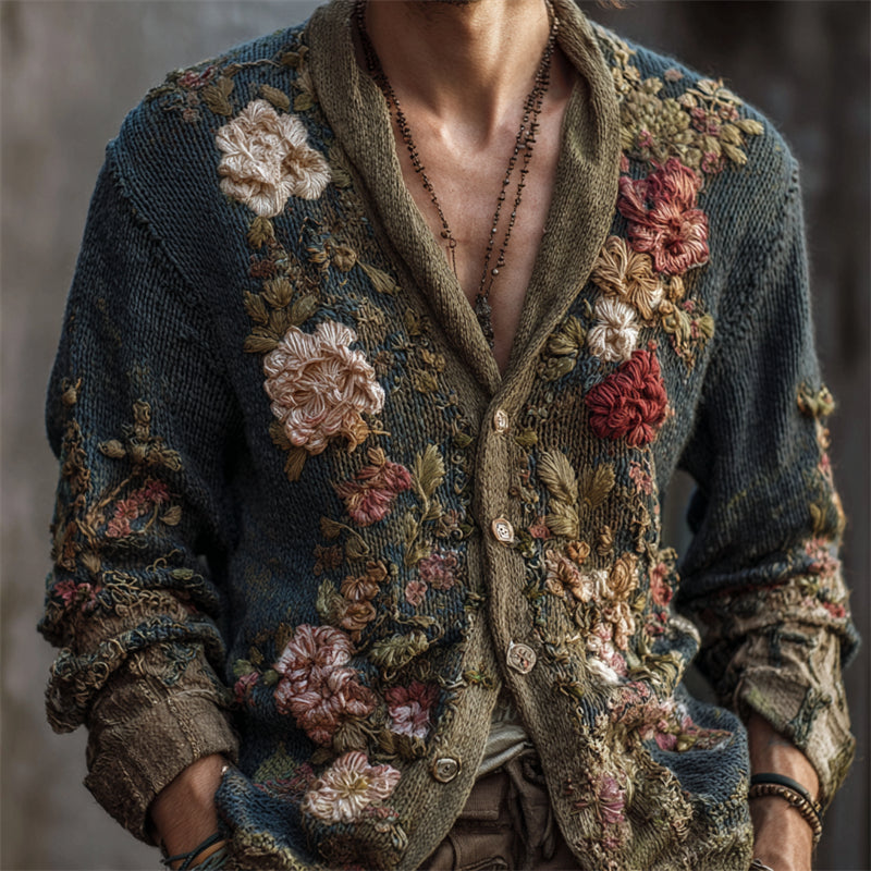 Men's Vintage Floral Embroidered Gradient Comfy Knit Cardigan artswardrobe