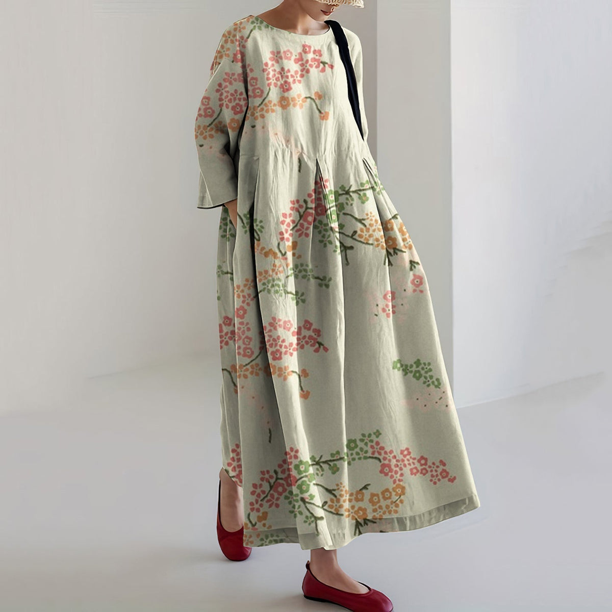 Comstylish Japanese Art Flower Print Loose Casual Midi Dress
