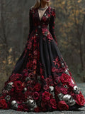 Comstylish Vintage Gothic Roses & Skulls Embroidered V Neck Maxi Dress