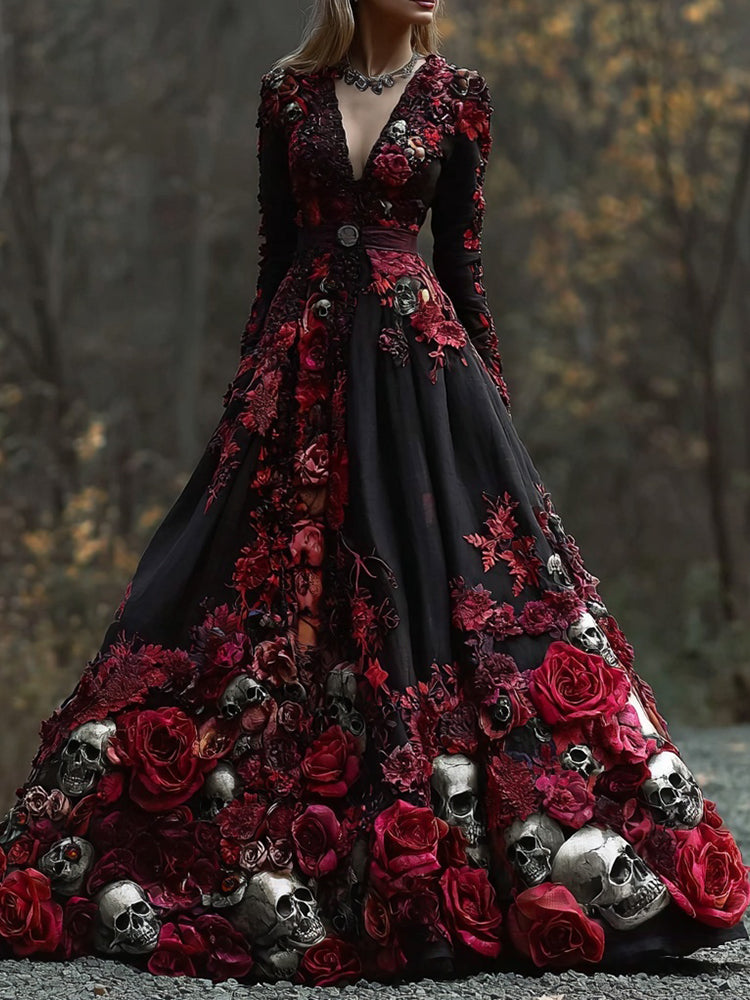 Comstylish Vintage Gothic Roses & Skulls Embroidered V Neck Maxi Dress