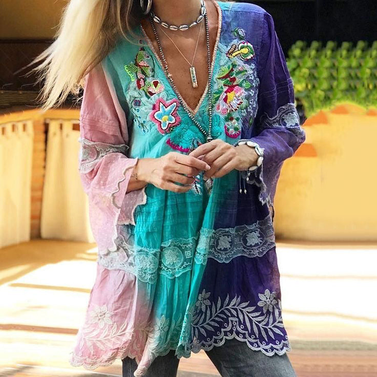 Vintage Boho Purple Floral Embroidered  Color Block Patchwork Linen V-neck Tunic artswardrobe