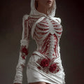 Comstylish Women's Skeleton Roses Bandages Knit Hooded Mini Sweater Dress