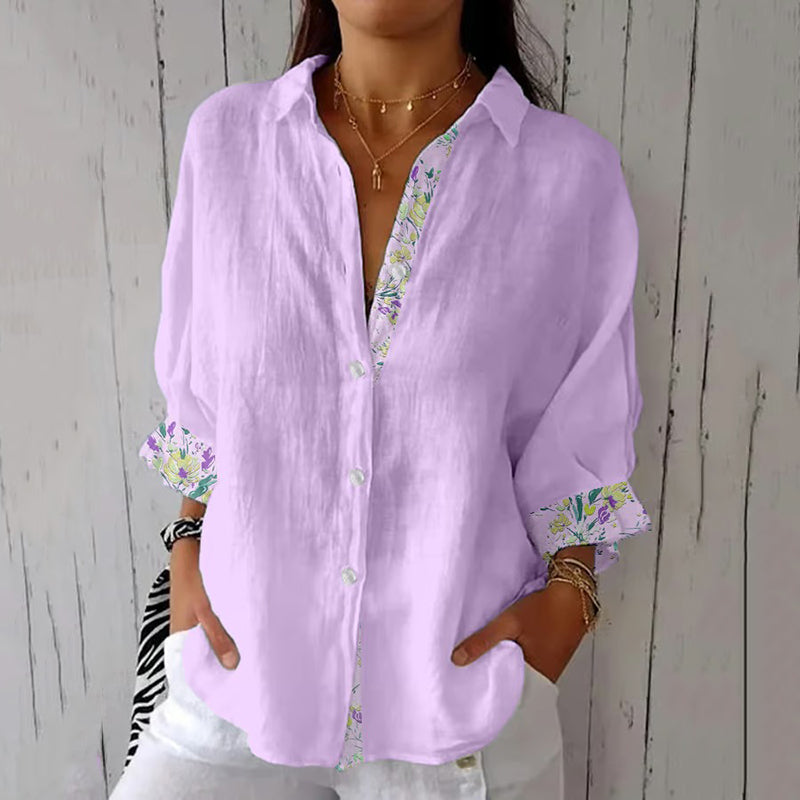 Women's Vintage Oil Painting Floral Art Print Casual Linen Shirt artswardrobe