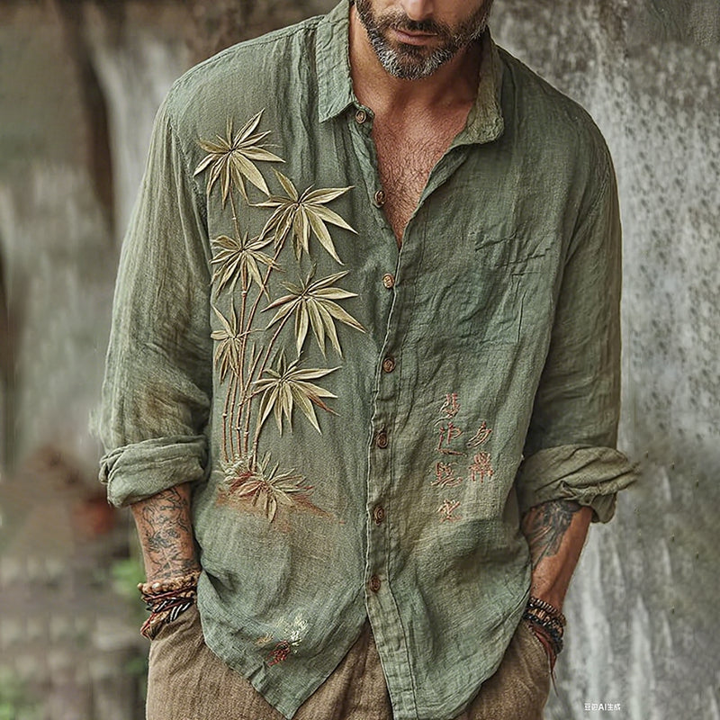 Men's Vintage Japanese Bamboo Embroidery Art Long Sleeve Linen Blend Shirt artswardrobe