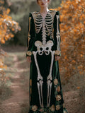 Comstylish Vintage Glitter Skeleton Roses Embroidered Cozy Maxi Velvet Dress