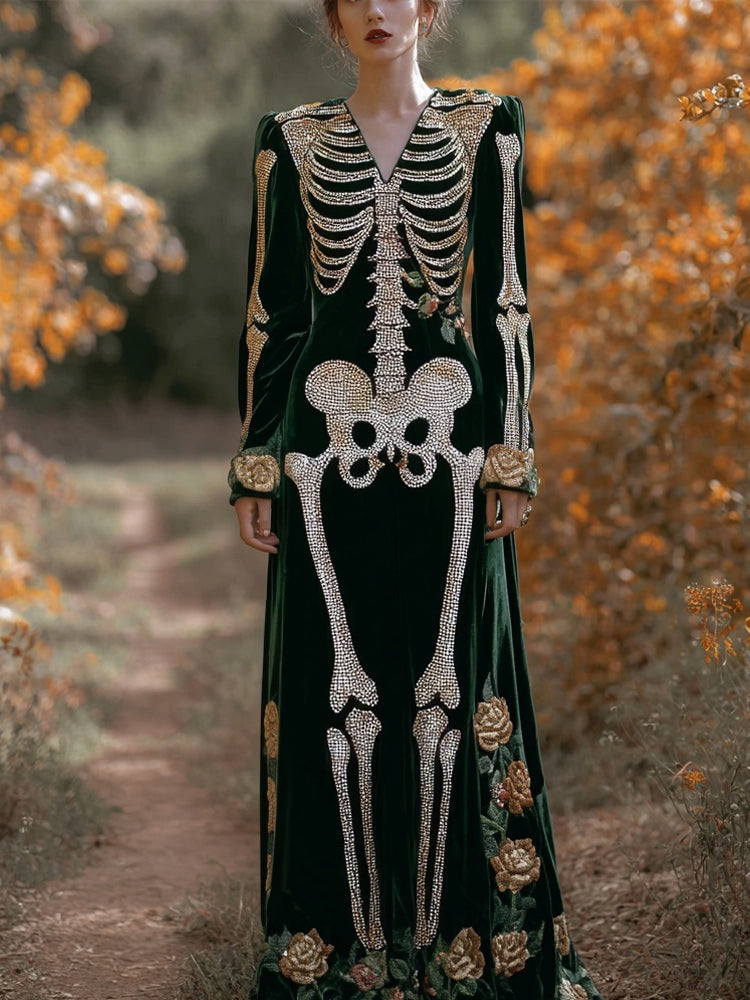 Comstylish Vintage Glitter Skeleton Roses Embroidered Cozy Maxi Velvet Dress