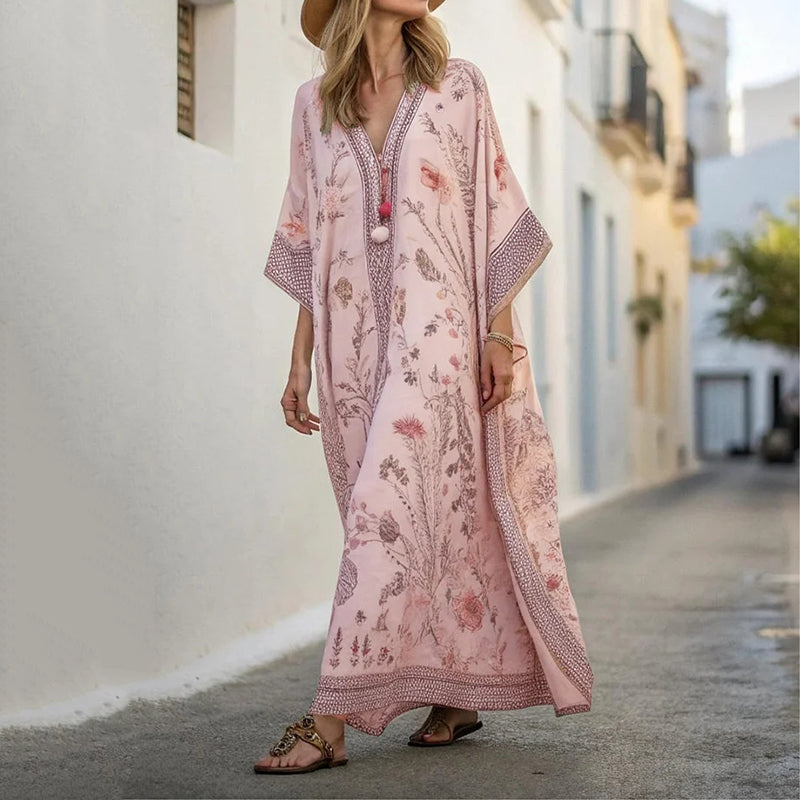 Long Sleeve Kaftan Linen Vacation Maxi Dress artswardrobe