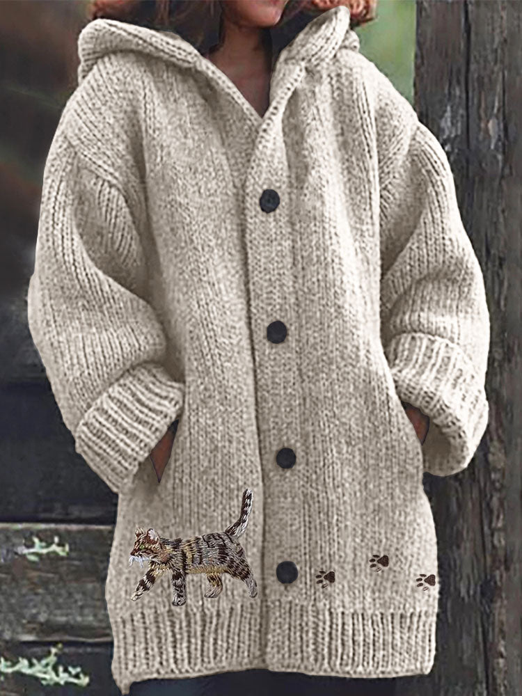Comstylish Cat & Paw Prints Embroidered Cozy Knit Hooded Cardigan