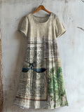 Vintage Dragonfly Embroidered Textile Linen Dress artswardrobe