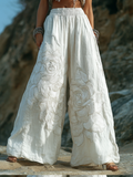 Bohemian Style Three-dimensional Rose Embroidery Pattern Women's Cotton And Linen Loose Wide-leg Long Pants artswardrobe