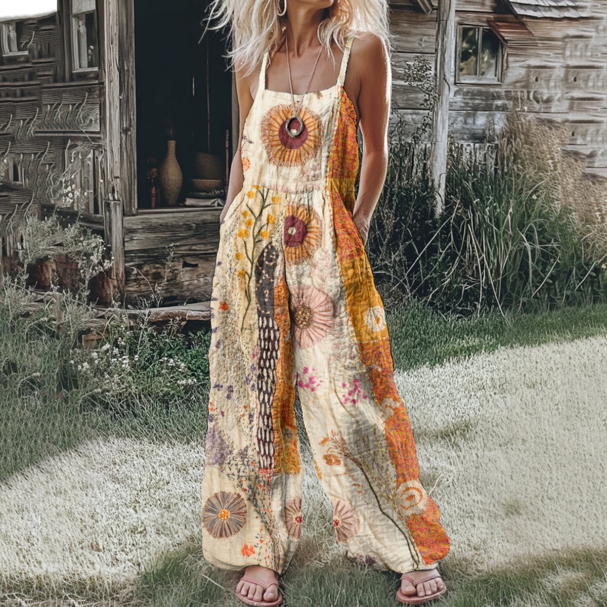 Women's Bohemian Floral Patchwork Linen Print Linen Jumpsuit artswardrobe