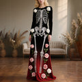 Comstylish Vintage Halloween Skeleton Bones With Roses Flowy Velvet Maxi Dress