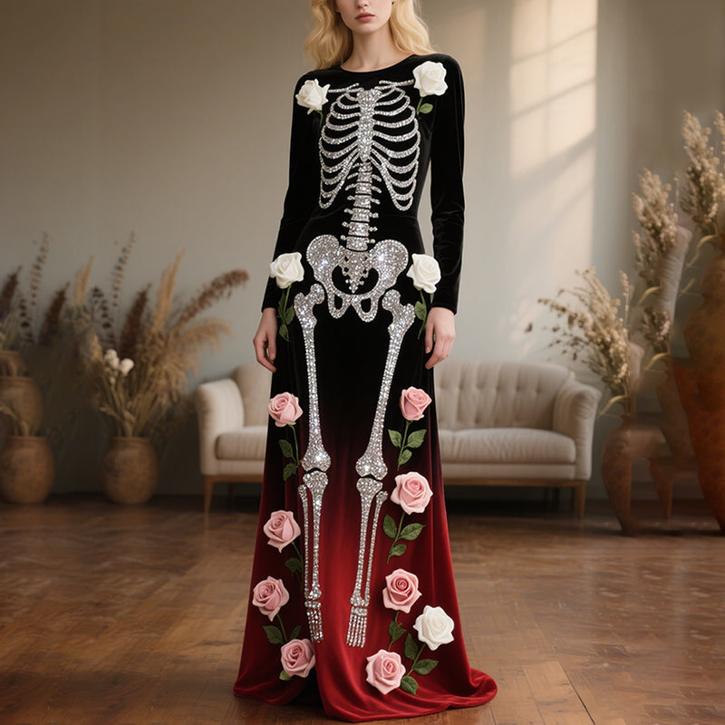 Comstylish Vintage Halloween Skeleton Bones With Roses Flowy Velvet Maxi Dress