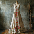 Boho Floral Embroidered V Neck Linen Maxi Dress artswardrobe