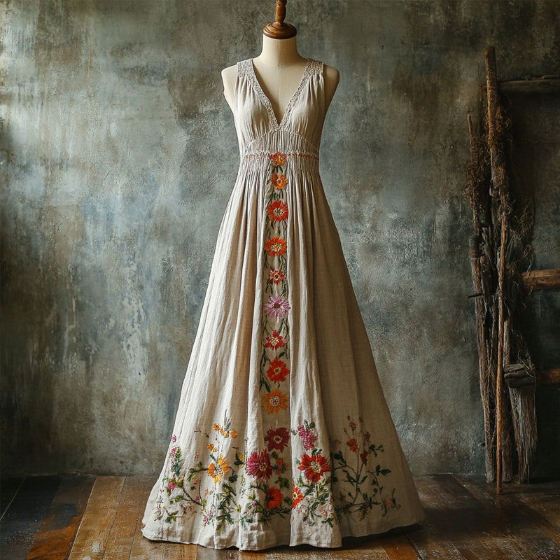 Boho Floral Embroidered V Neck Linen Maxi Dress artswardrobe