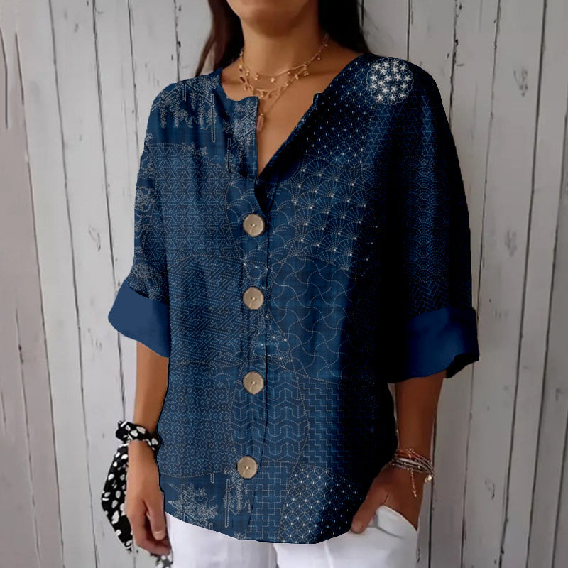 Comstylish Japanese Traditional Sashiko Art Comfy Linen Tunic