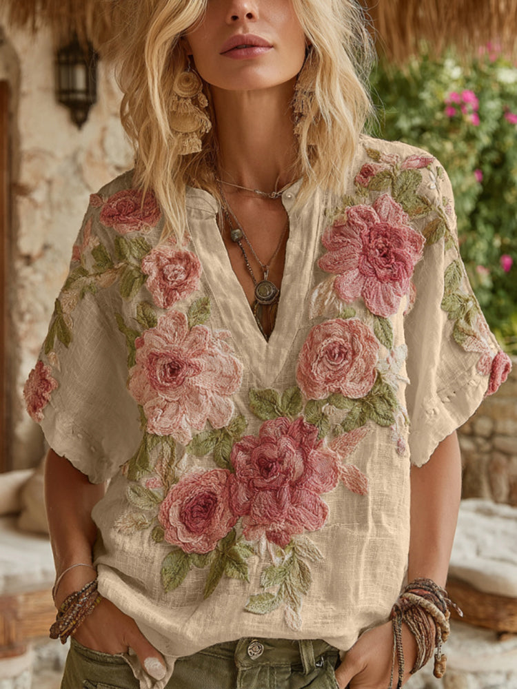 Women's Vintage Floral Art V Neck Linen Short Sleeve T-shirt artswardrobe