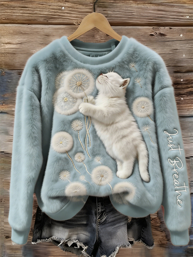 Comstylish Just Breathe Cat & Dandelion Cozy Plush Sweatshirt
