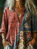Women's Vintage Ethnic Floral Art Print Casual Cotton Linen Shirt