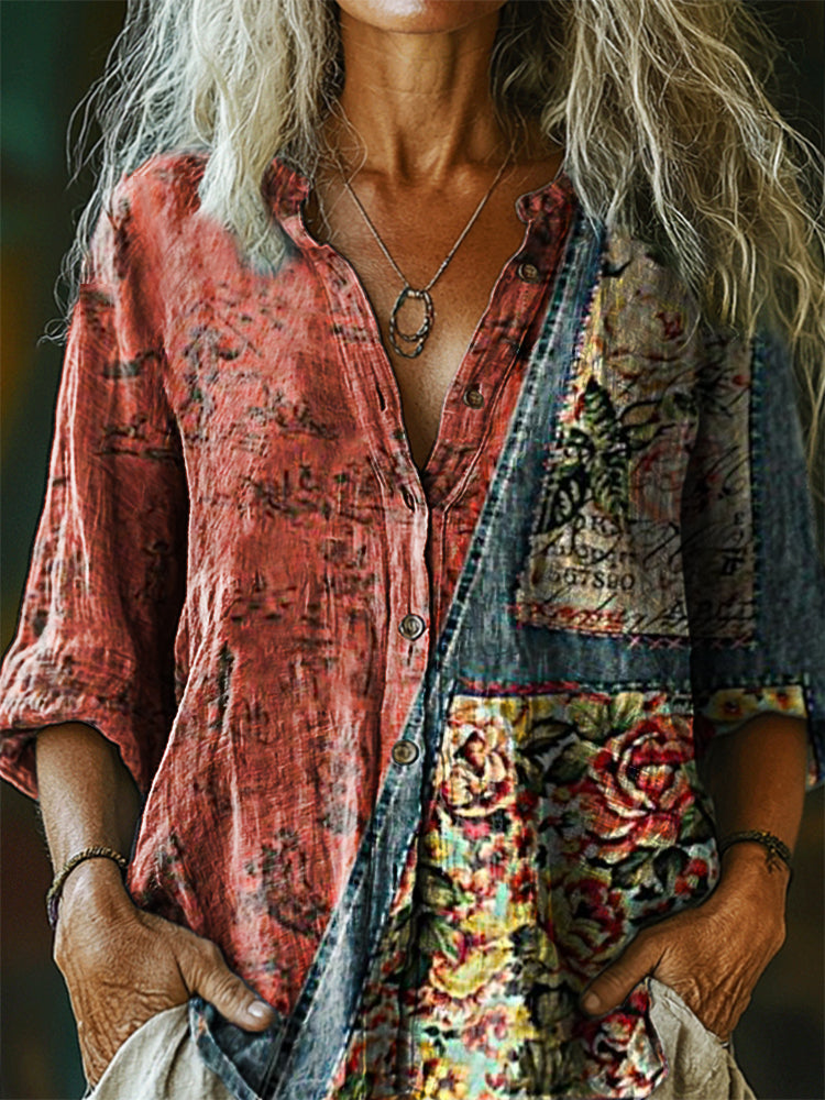 Women's Vintage Ethnic Floral Art Print Casual Cotton Linen Shirt