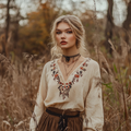 Vintage Bohemian Embroidered Linen V-neck Shirt artswardrobe