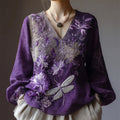 Boho Dragonfly Floral Embroidery Women's V-neck Linen Long Sleeve Shirt artswardrobe