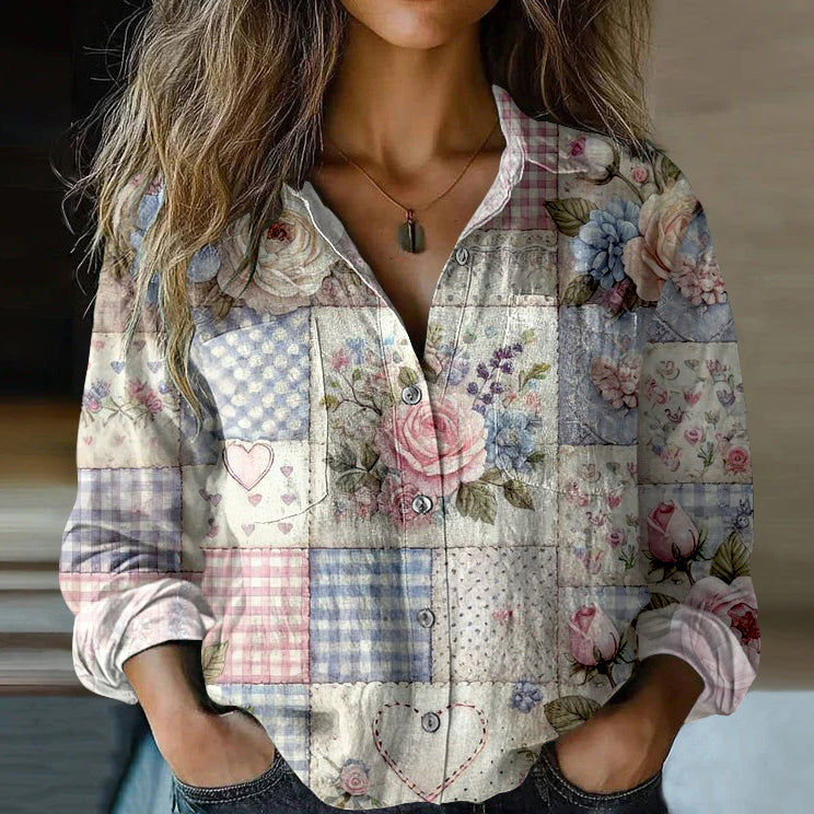 Women's Vintage Bohemian Patch Cotton And Linen Button-down Shirt artswardrobe