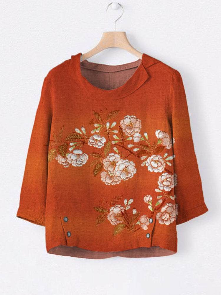 Comstylish Japanese Floral Embroidery Linen Lapel Shirt