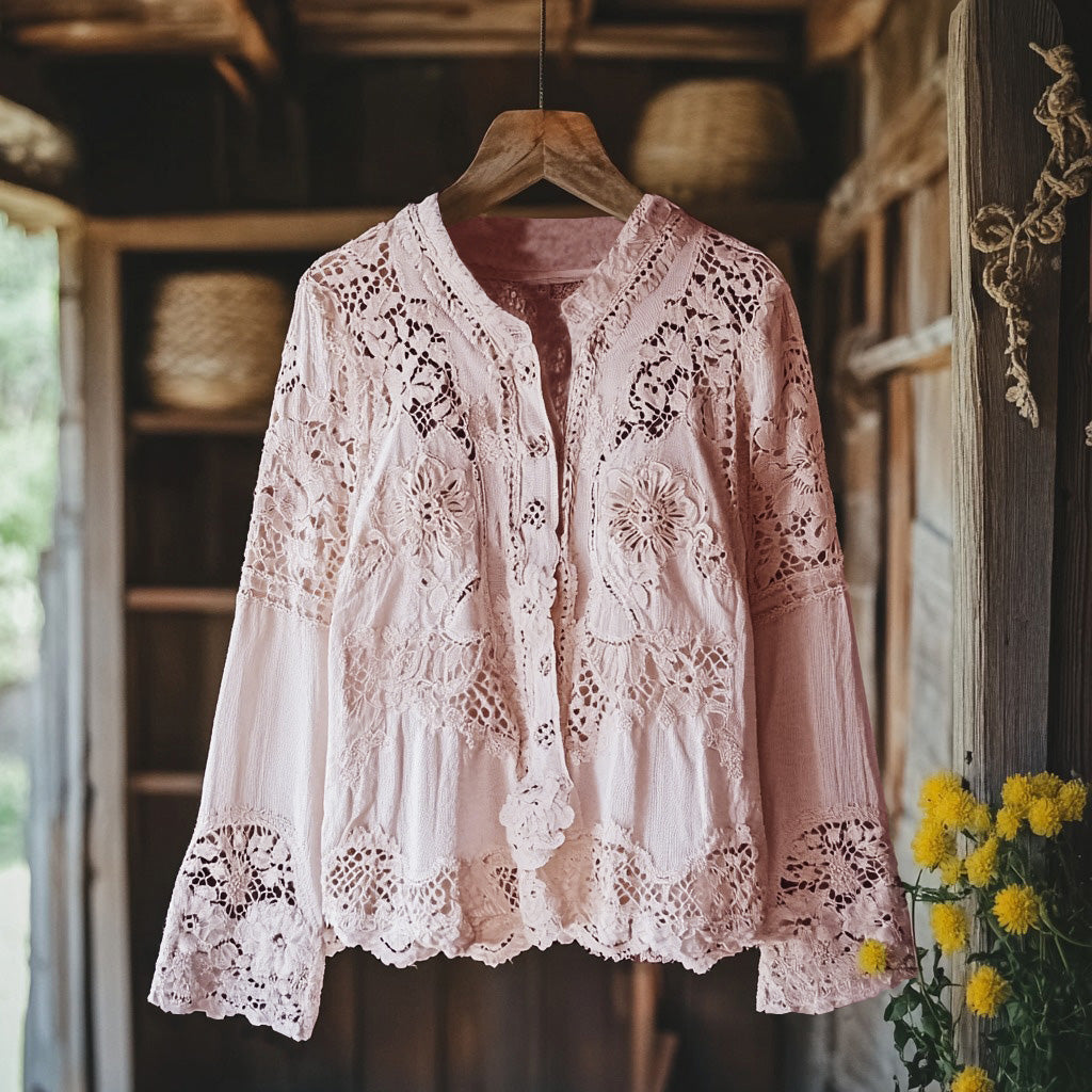 Comstylish Women's Retro Floral Lace Embroidery Art V-neck Shirt