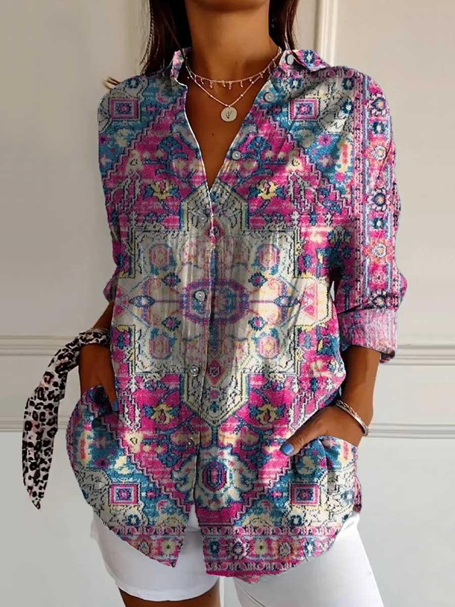 Women's Ethnic Pattern Art Print Casual Cotton Shirt